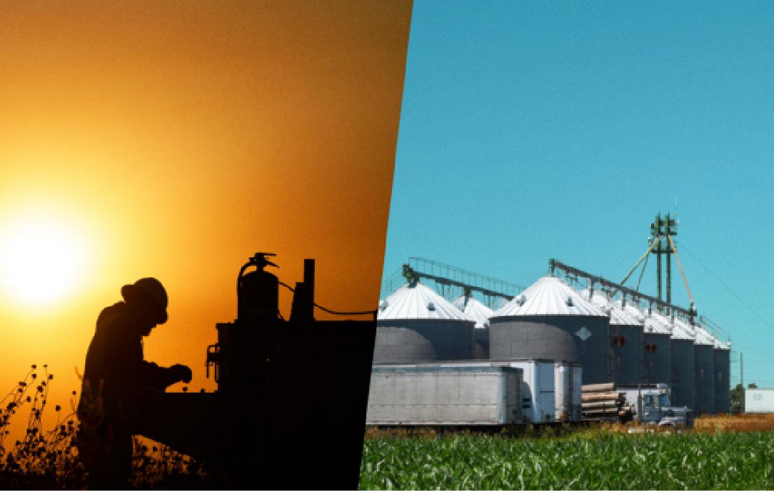 An image divided in half with a gas worker at sunset on one half and a powerline by grainbins on the other.